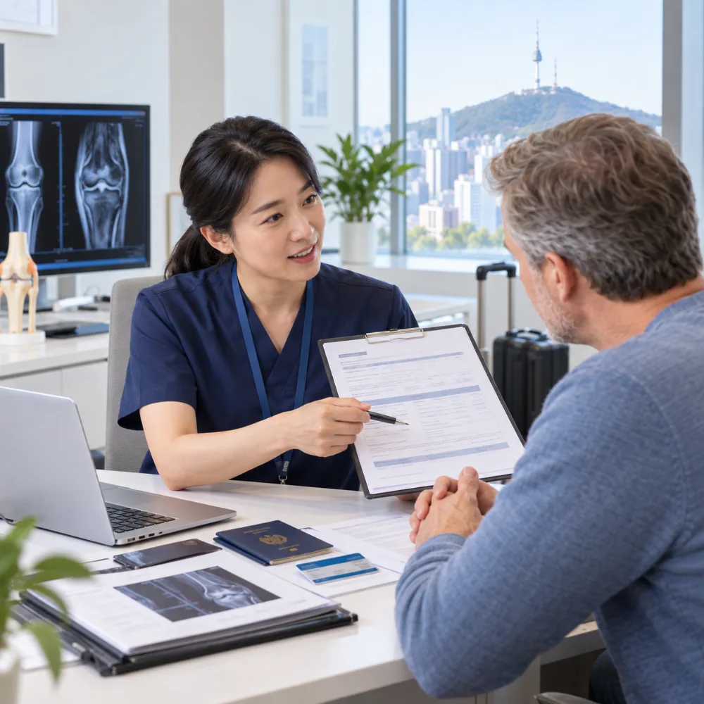 Hospital staff explaining English medical documents to an international patient