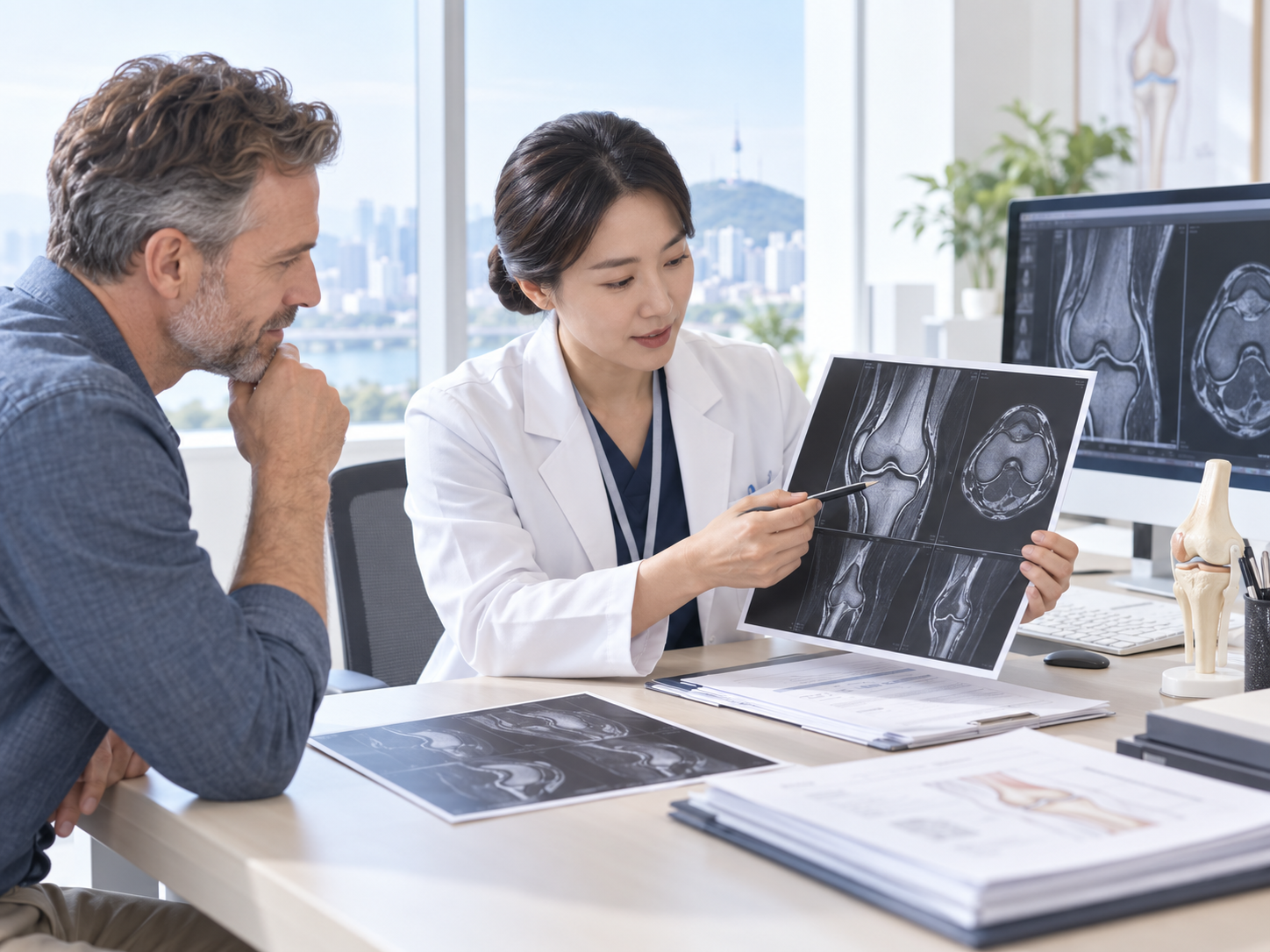 An orthopedic specialist and an international patient reviewing a knee MRI together in a consultation room