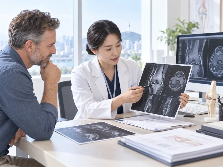 Doctor explaining knee MRI scans to a patient during a consultation