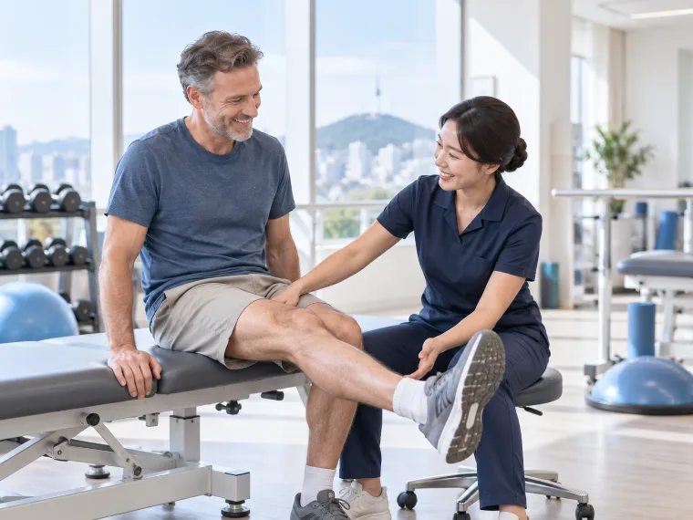 Physical therapist guiding a patient through knee rehabilitation exercises
