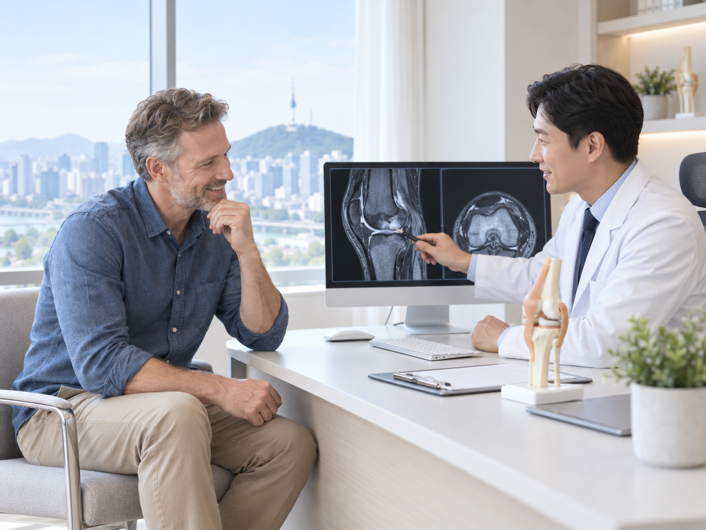 Orthopedic specialist reviewing a knee MRI and medical records with a patient