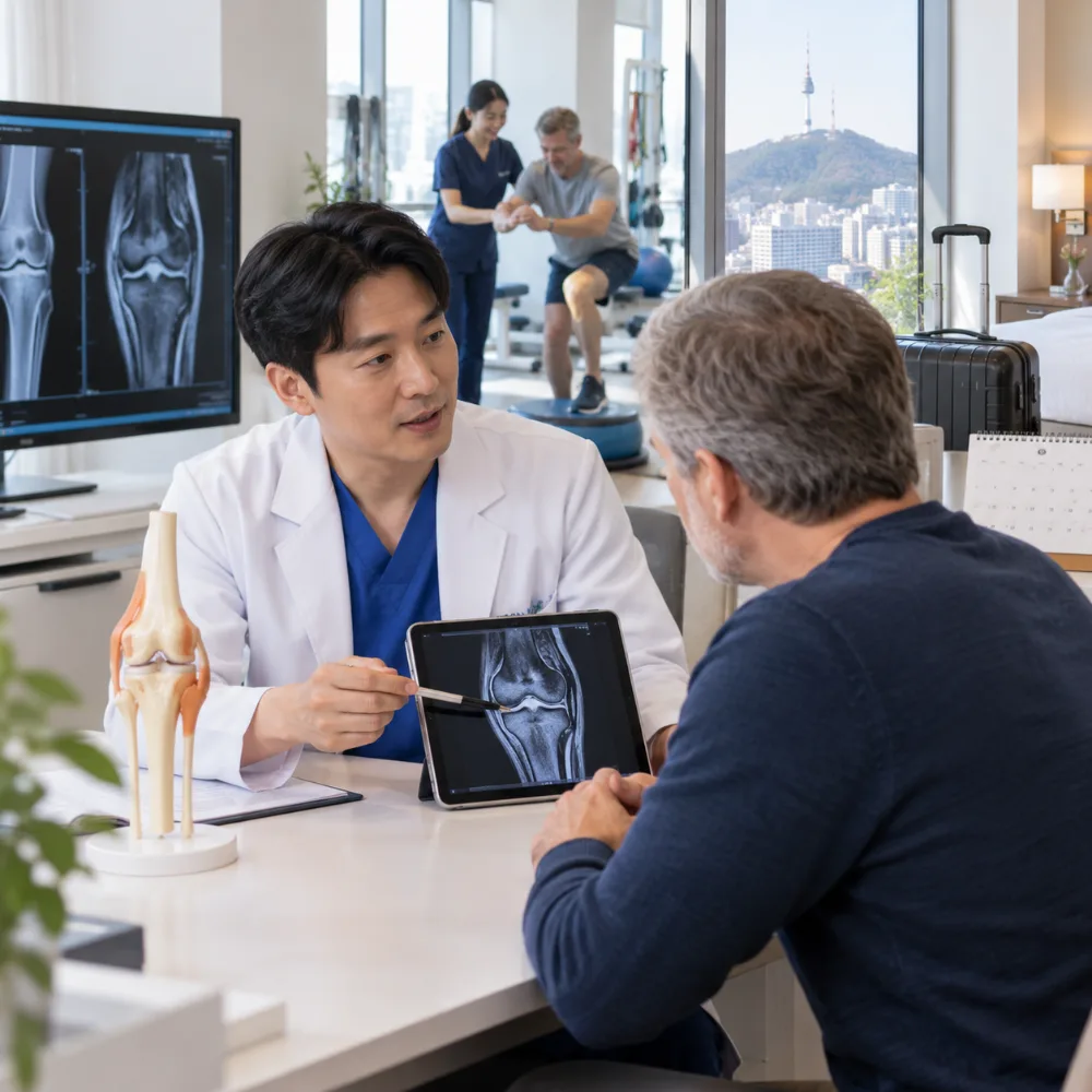 Orthopedic specialist explaining knee anatomy and MRI findings to a patient