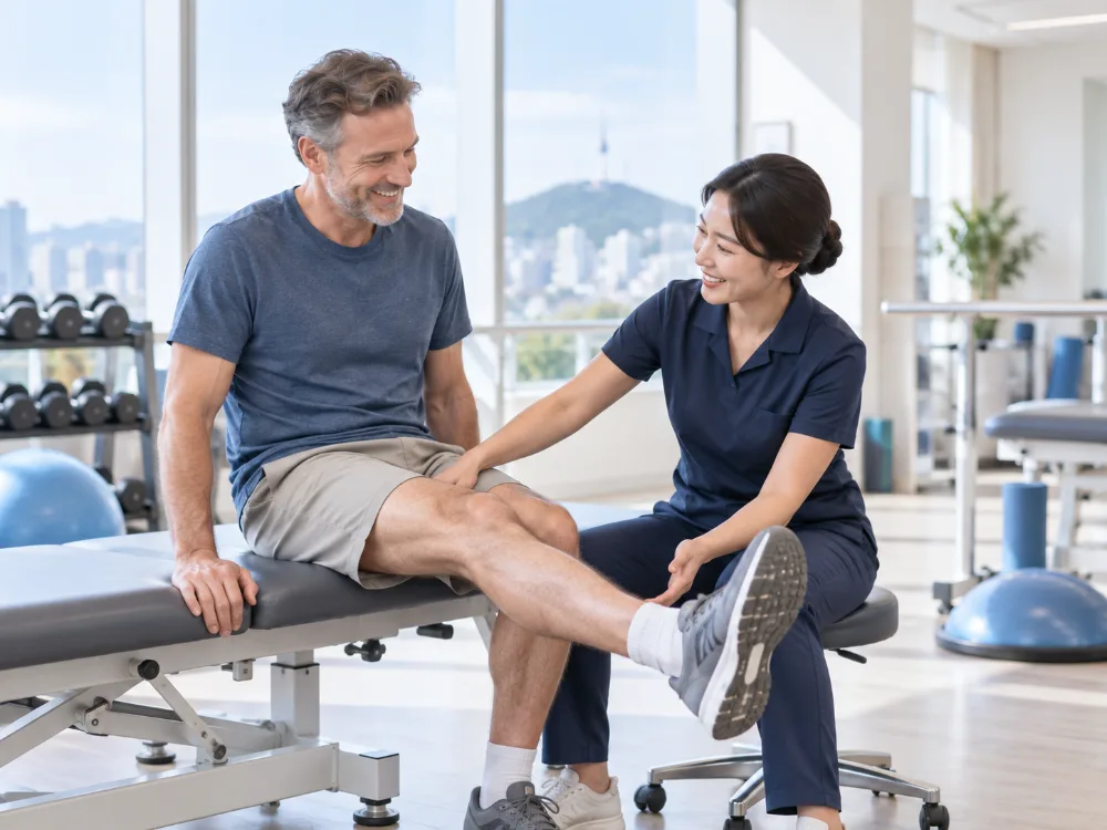 Knee rehabilitation session with a physical therapist at the hospital