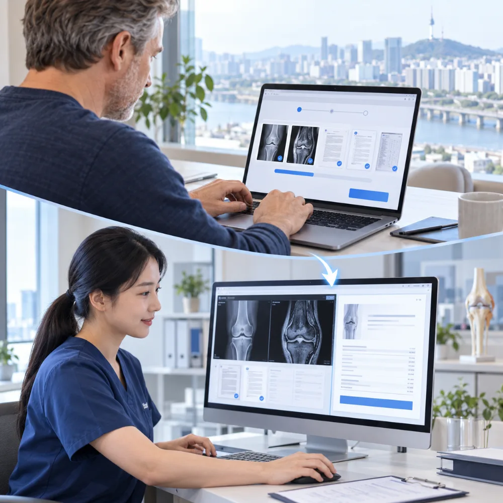 International patient team preparing an individual estimate from submitted knee imaging