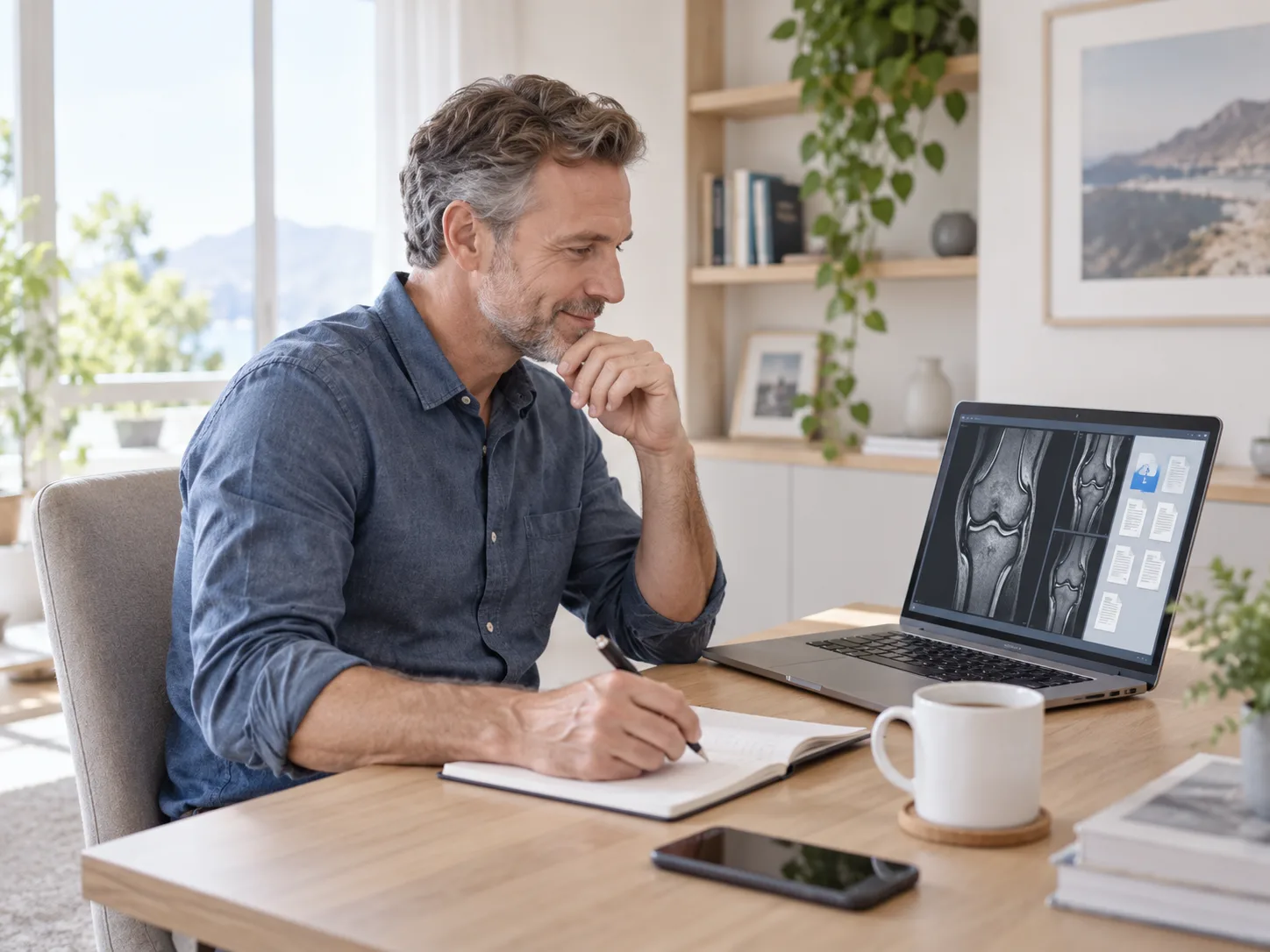 Patient reviewing knee MRI images at home before sending records for review