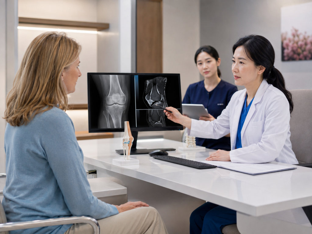 Orthopedic doctor explaining a knee X-ray to a patient during a treatment discussion